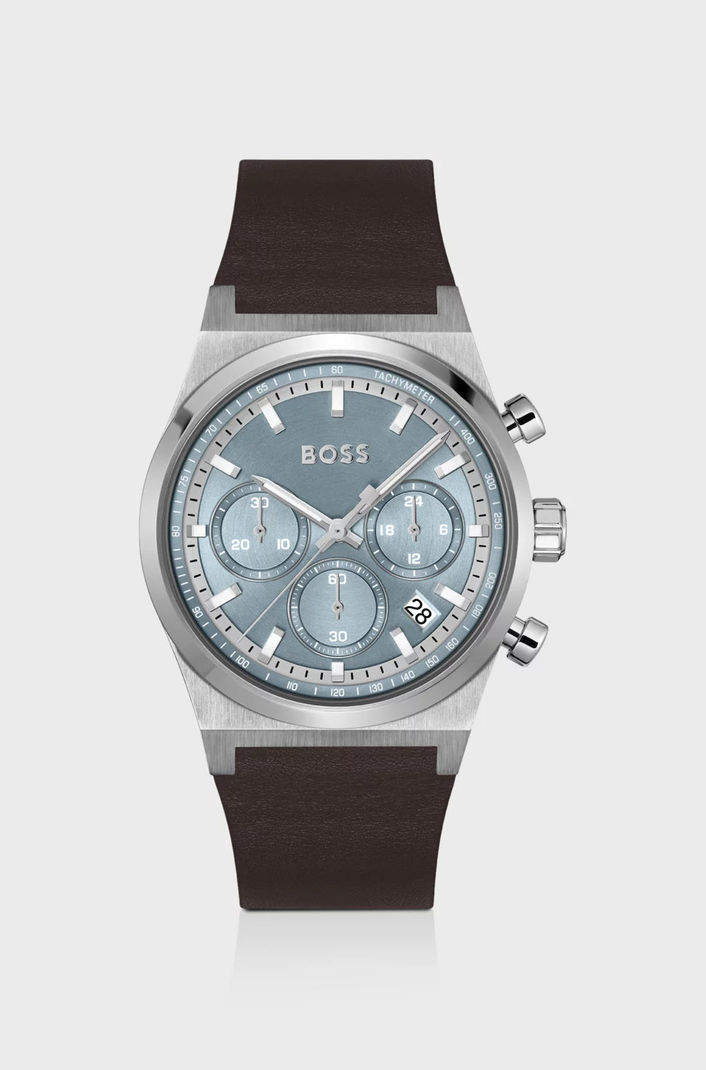 Silver Chronograph Watch with Brown Leather Strap