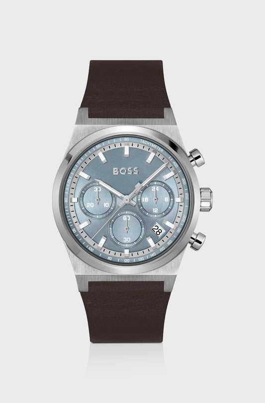 Silver Chronograph Watch with Brown Leather Strap